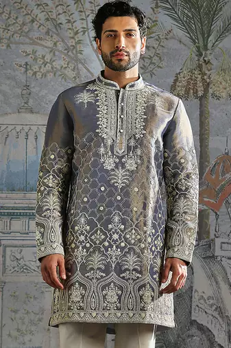 Grey embroidered tissue kurta set