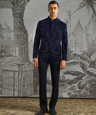 blue work velvet bandhgala set for men 1