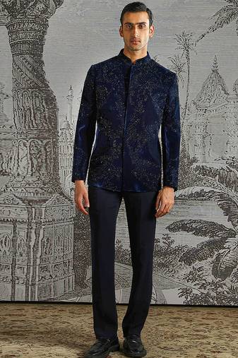 Blue embroidered velvet bandhgala set