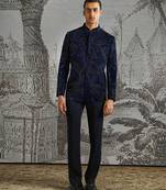 Blue embroidered velvet bandhgala set