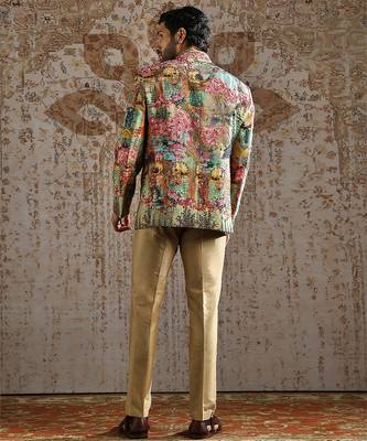 multicolor printed raw silk bandhgala set for men 3