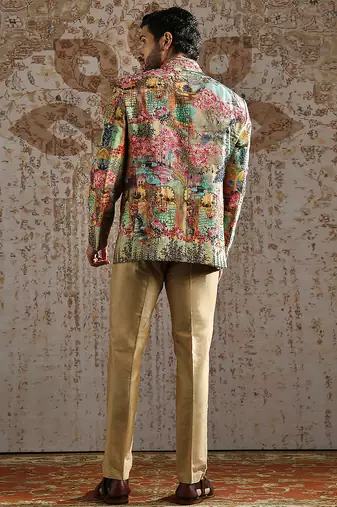 multicolor printed raw silk bandhgala set for men