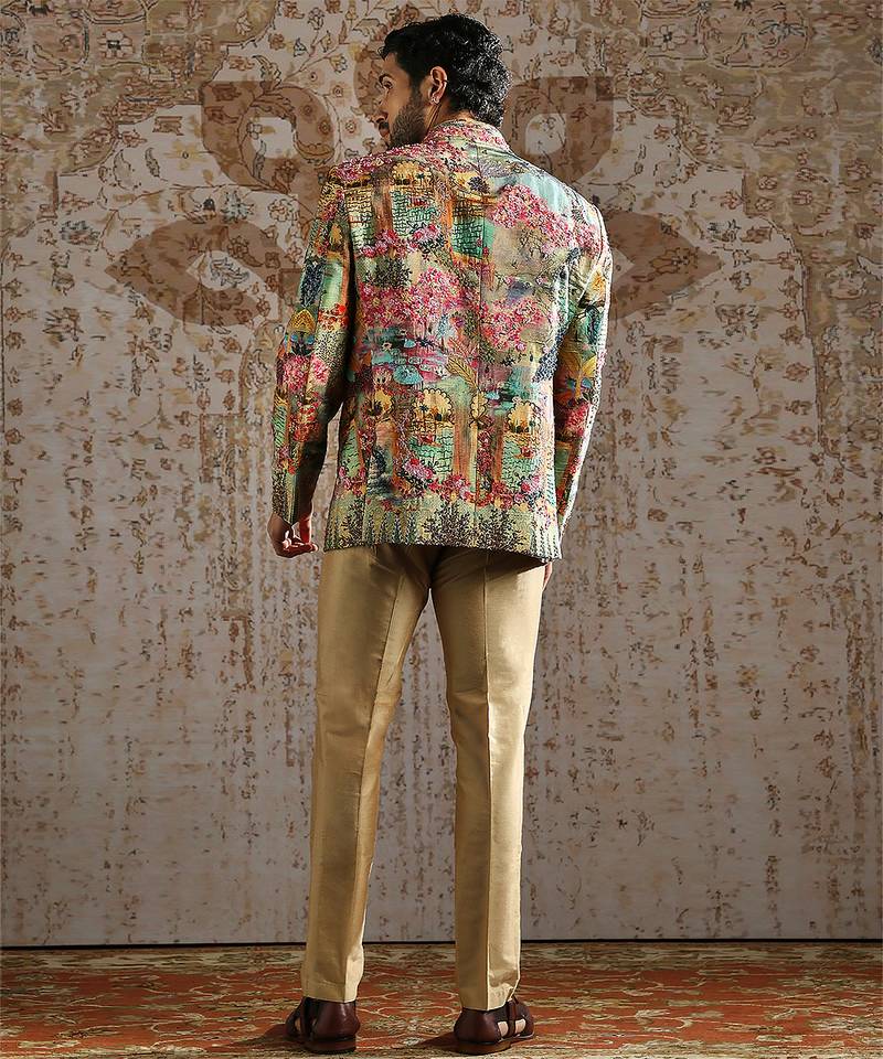 Multicolor printed raw silk bandhgala set