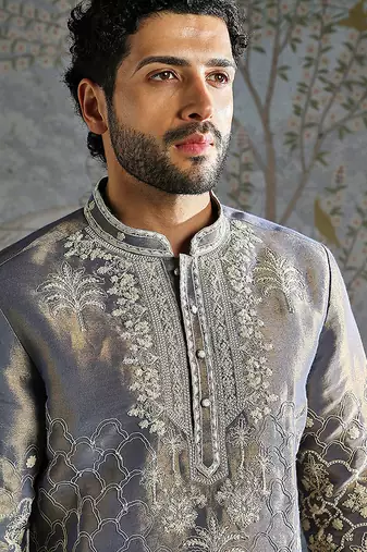Grey embroidered tissue kurta set