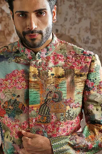 multicolor printed raw silk bandhgala set for men