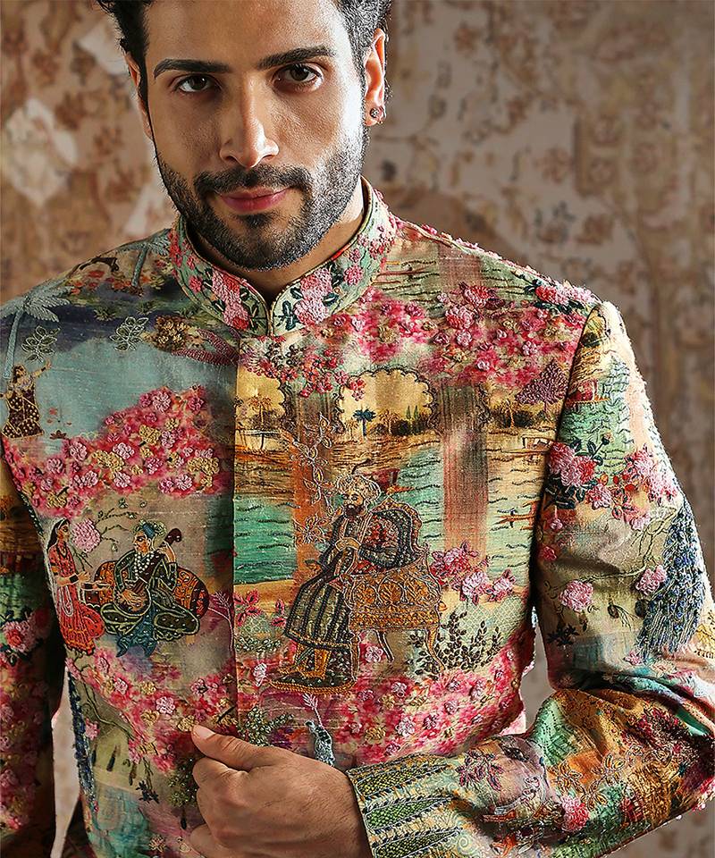 Multicolor printed raw silk bandhgala set