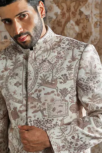 white embroidered linen bandhgala set for men