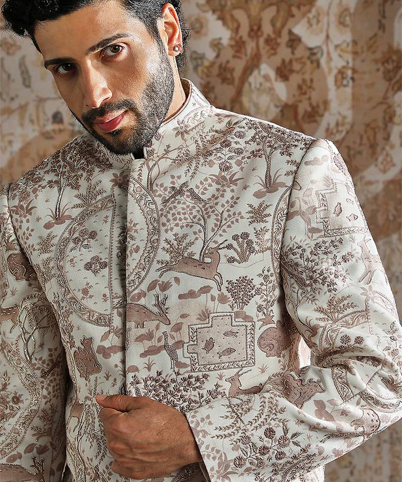 White embroidered linen bandhgala set