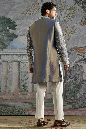 Grey embroidered tissue kurta set