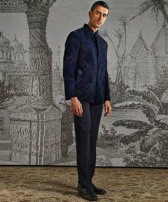 blue work velvet bandhgala set for men 2