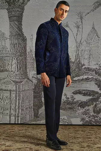 blue work velvet bandhgala set for men