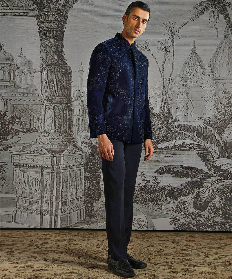 Blue embroidered velvet bandhgala set