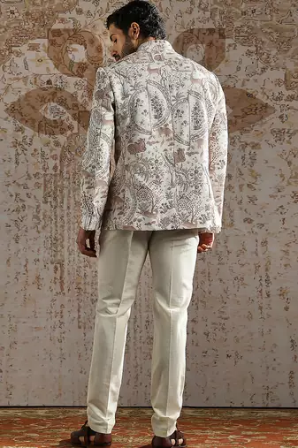 white embroidered linen bandhgala set for men