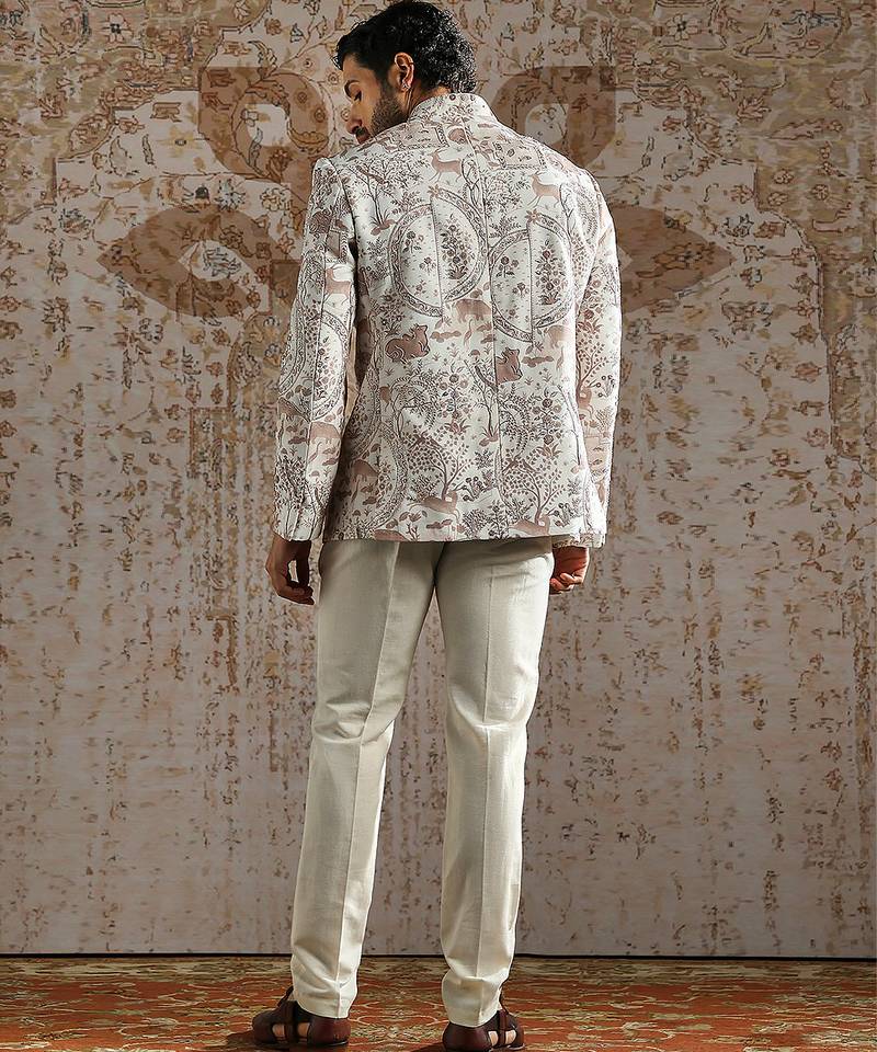 White embroidered linen bandhgala set