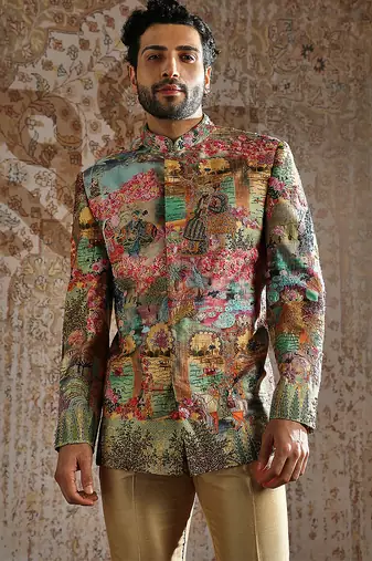 multicolor printed raw silk bandhgala set for men