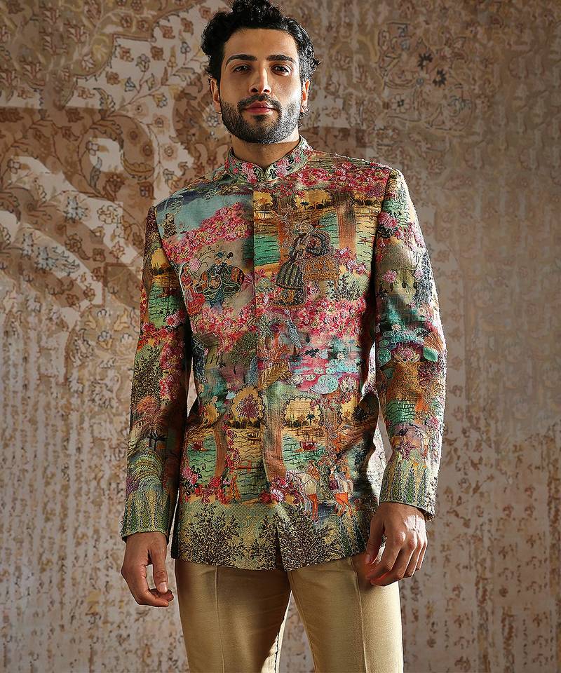 Multicolor printed raw silk bandhgala set