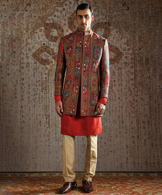 Red embroidered pashmina indo western set 1