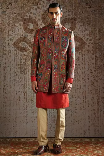 Red embroidered pashmina indo western set