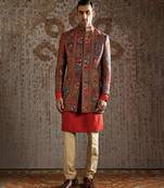 Red embroidered pashmina indo western set