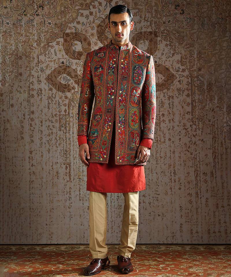Red embroidered pashmina indo western set
