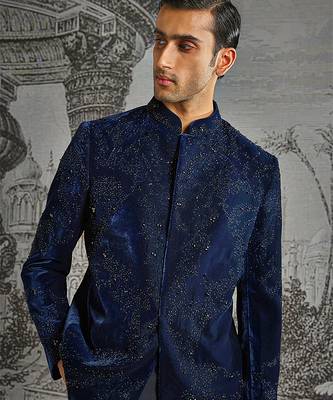 blue work velvet bandhgala set for men 3