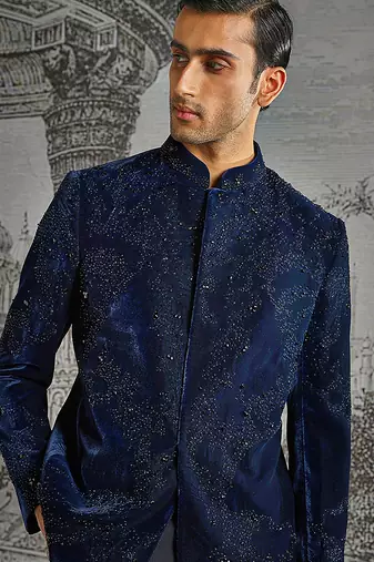 blue work velvet bandhgala set for men