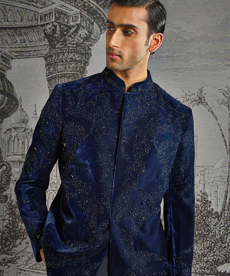Blue embroidered velvet bandhgala set