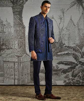 blue embroidered raw silk bandhgala set for men 1