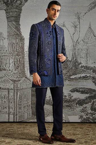 Blue embroidered raw silk bandhgala set
