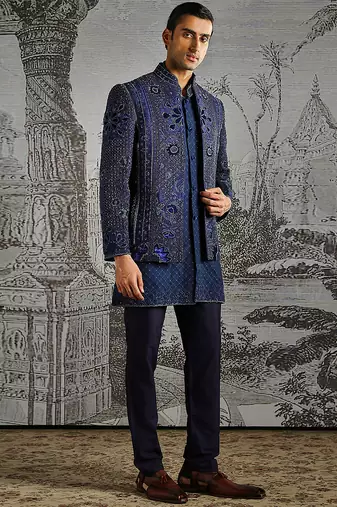 Blue embroidered raw silk bandhgala set