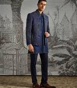 Blue embroidered raw silk bandhgala set