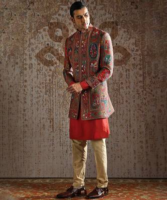 Red embroidered pashmina indo western set 2