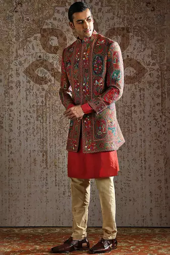 Red embroidered pashmina indo western set