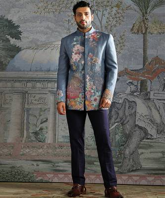 blue embroidered linen jodhpuri suit for men 1