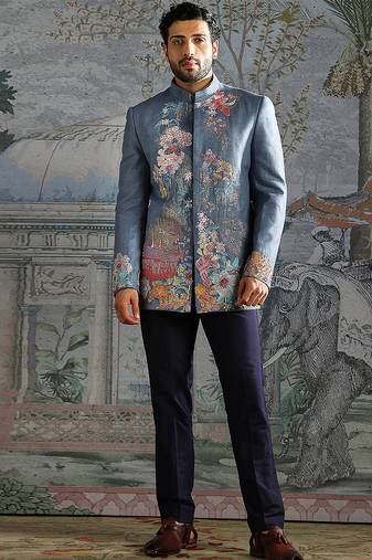 Blue embroidered linen bandhgala set