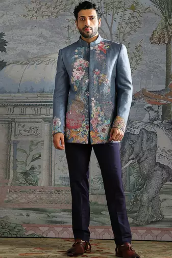 Blue embroidered linen bandhgala set