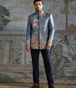 Blue embroidered linen bandhgala set
