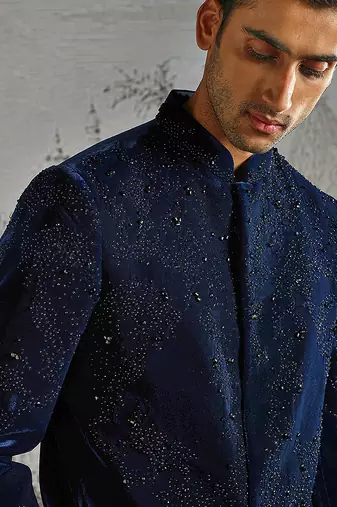 blue work velvet bandhgala set for men