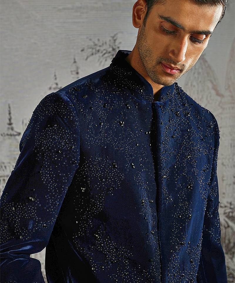 Blue embroidered velvet bandhgala set