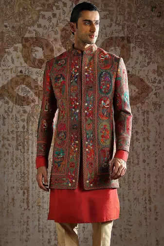 Red embroidered pashmina indo western set