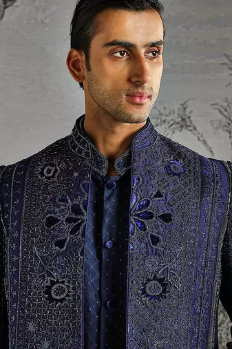 blue embroidered raw silk bandhgala set for men