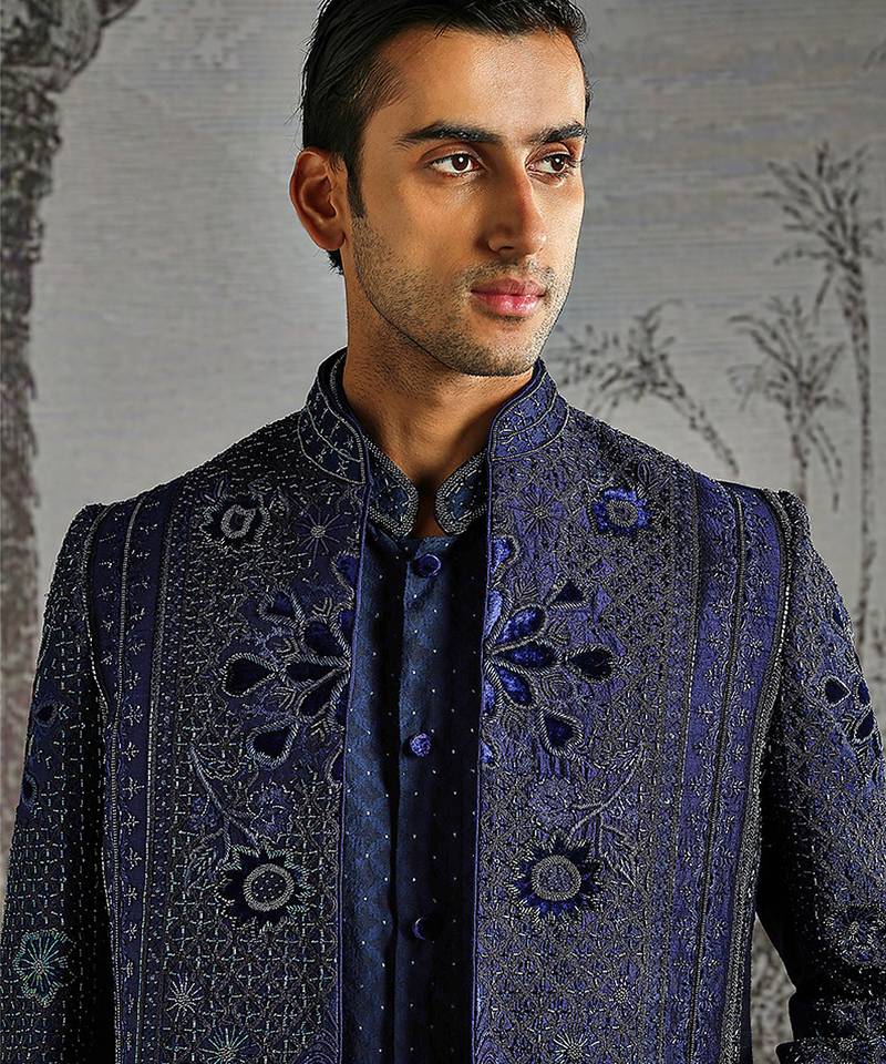 Blue embroidered raw silk bandhgala set