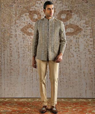 beige bandhgala woven jacquard set for men 1