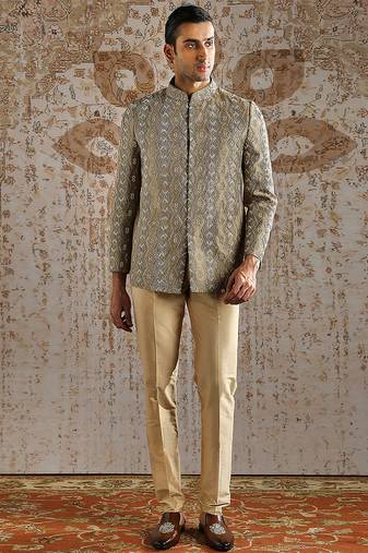 Champagne jacquard bandhgala set