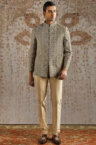 Champagne jacquard bandhgala set