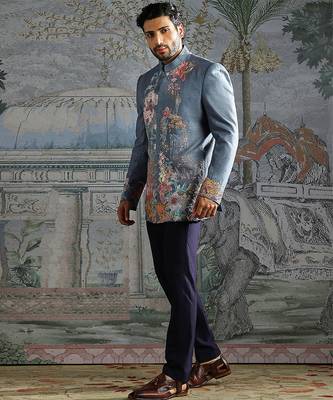blue embroidered linen jodhpuri suit for men 2