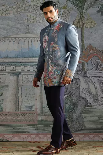 blue embroidered linen jodhpuri suit for men
