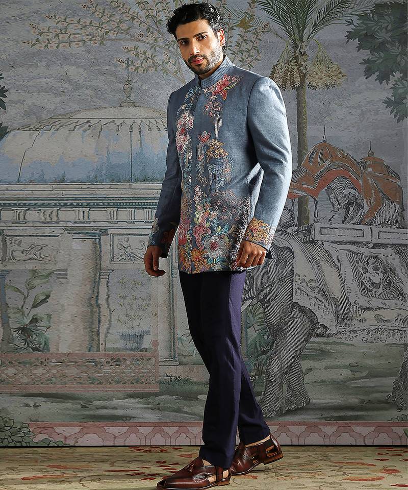 Blue embroidered linen bandhgala set