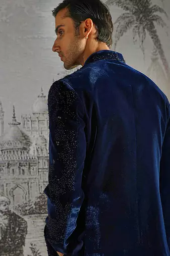 blue work velvet bandhgala set for men