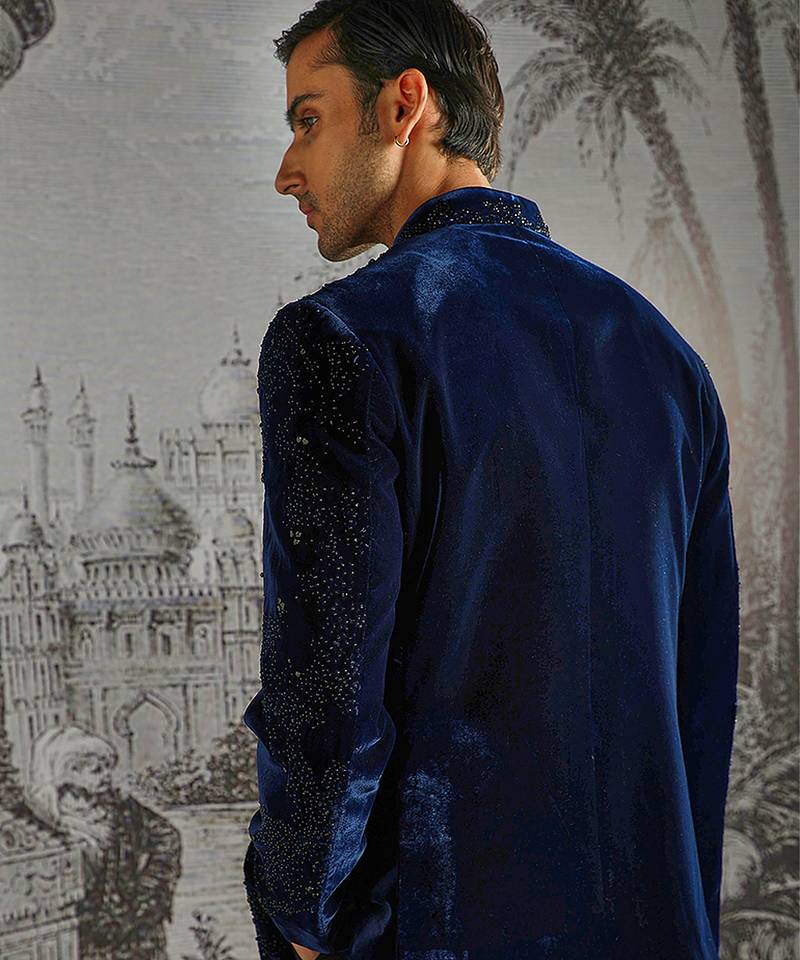 Blue embroidered velvet bandhgala set